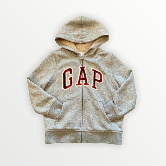 Gap Fuzzy Zip Red Plaid Logo Hoodie 
